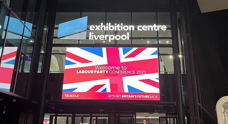 liverpool exhibition center labour party conference venue sign