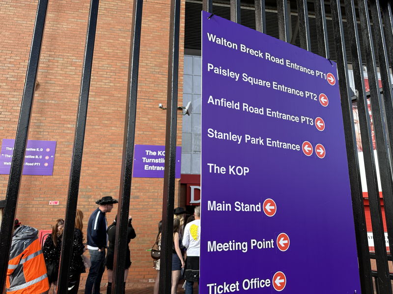 taylor swift gig at anfield 2024 eras tour view of signs showing where to go outside the stadium