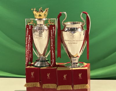 premier league and european cup trophies at liverpool fc anfield stadium