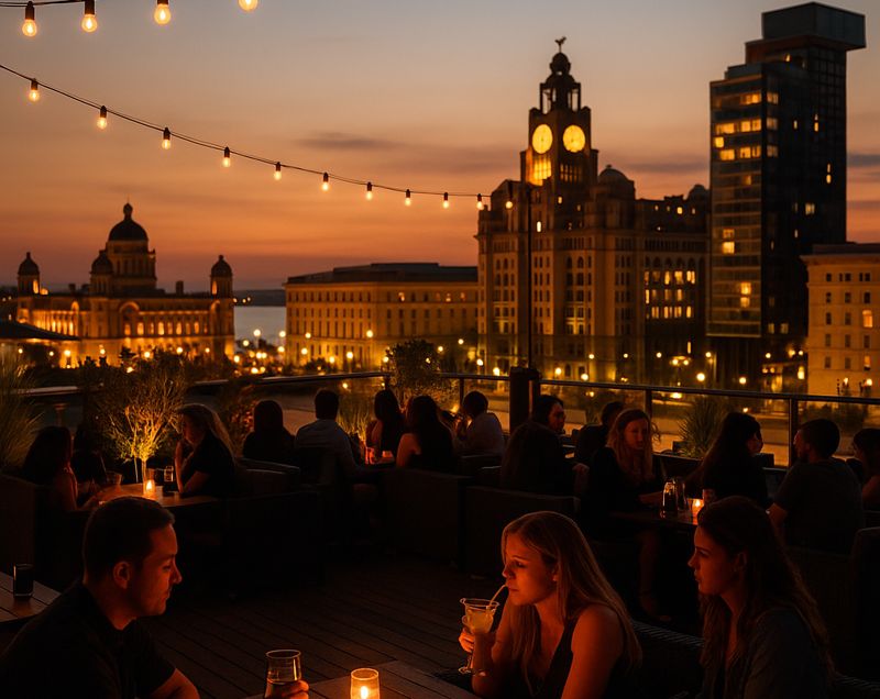 liverpool rooftop bar liver buildings in background